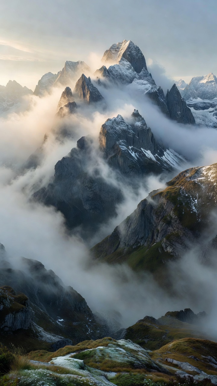 Austrian mountain peaks shrouded in morning alpine mist