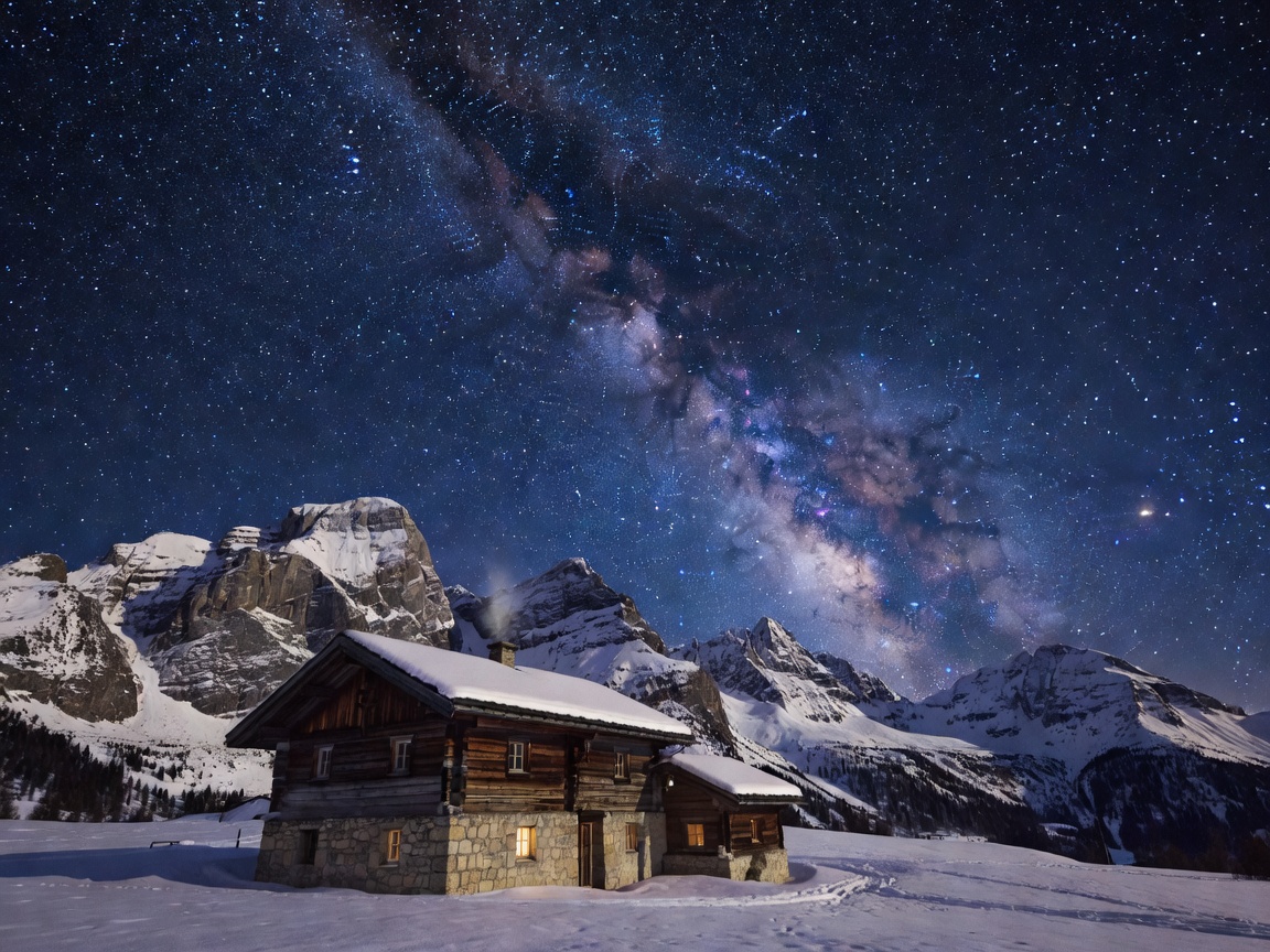 Dachstein mountain starry night over isolated Austrian timber stone lodge