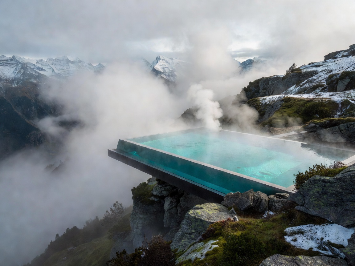 High altitude thermal outdoor infinity pool steaming into Austrian mountain mist
