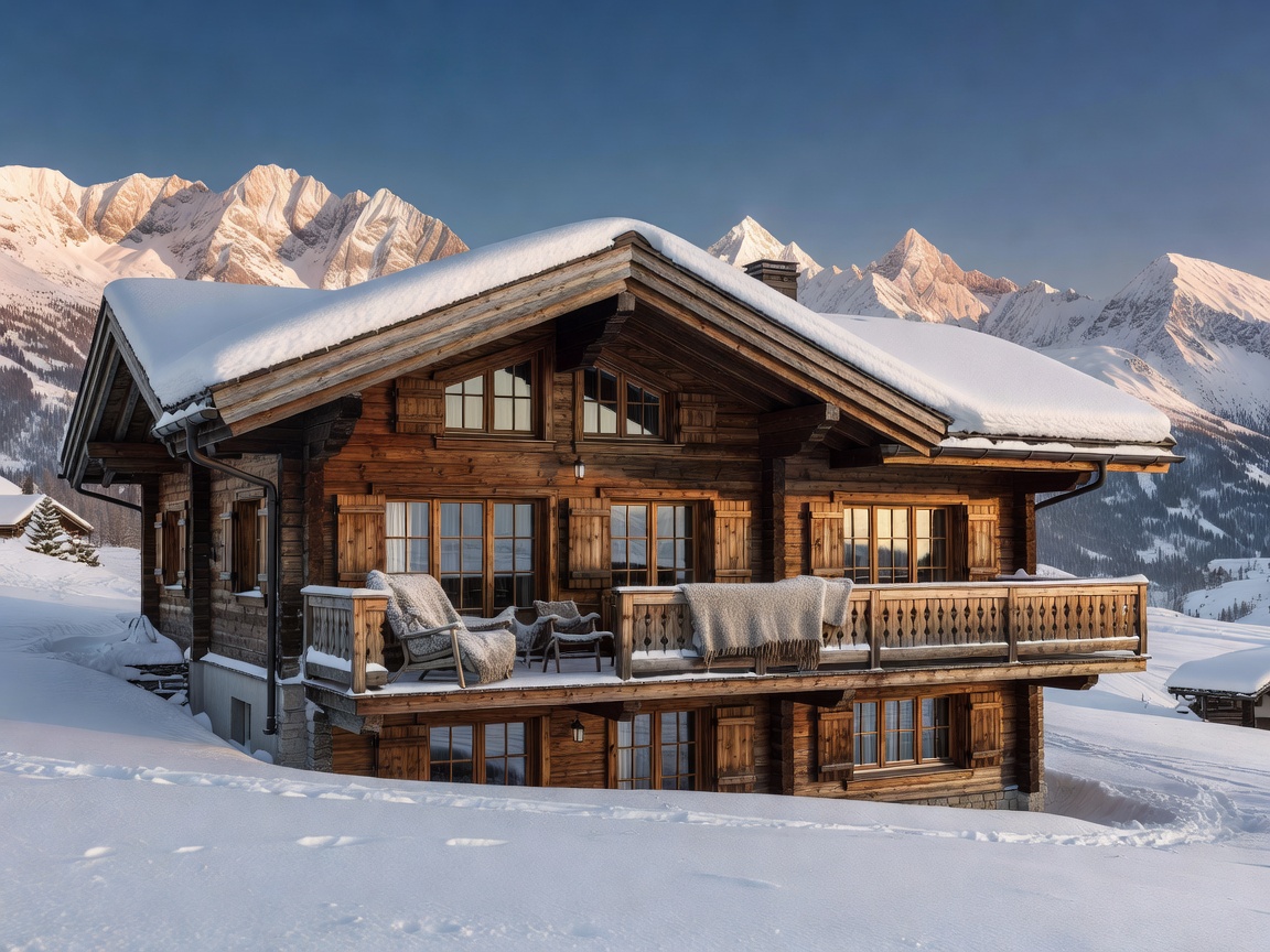 Kitzbühel luxury timber chalet with balcony overlooking snow-covered Alpine peaks