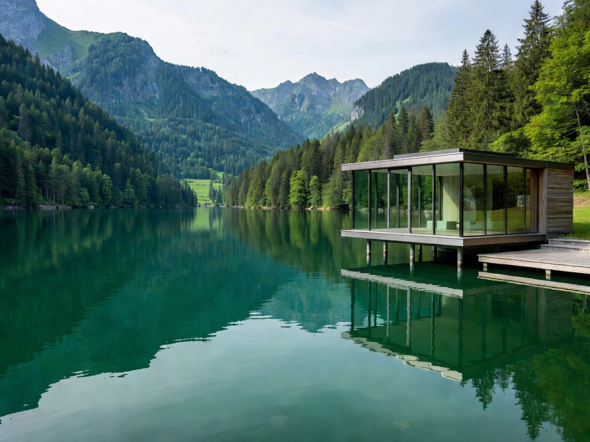 Lake Achensee reflective emerald waters and modern glass waterfront boathouse villa