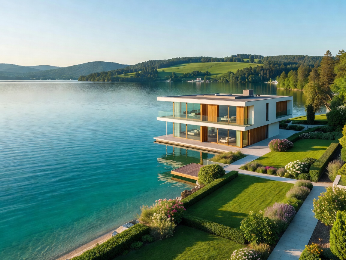 Lake Wörthersee turquoise waters and luxury waterfront modern residence with manicured garden