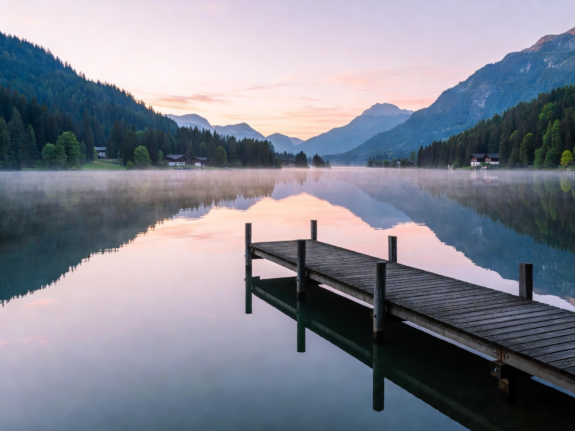 Lake Wolfgangsee morning calm reflections and waterfront private wooden pier