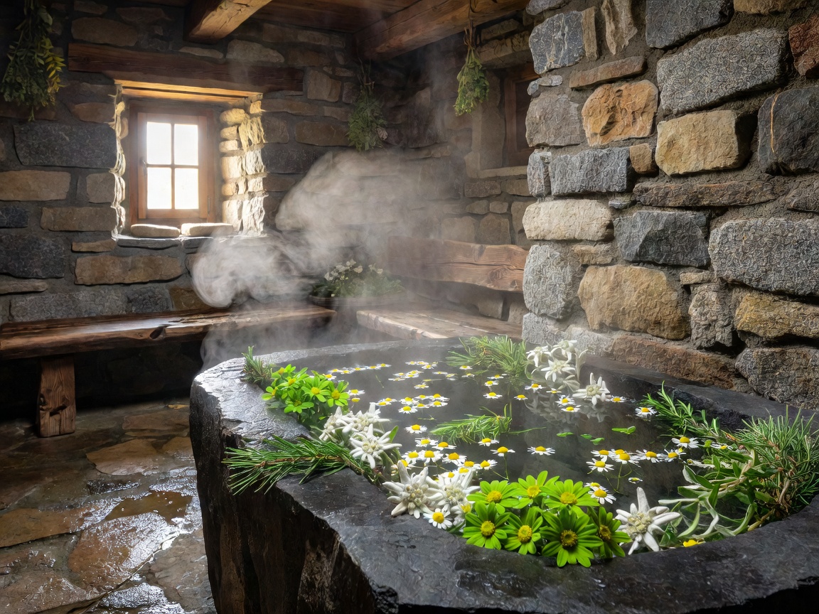 Natural herbal sauna with Austrian alpine herbs and stone architecture