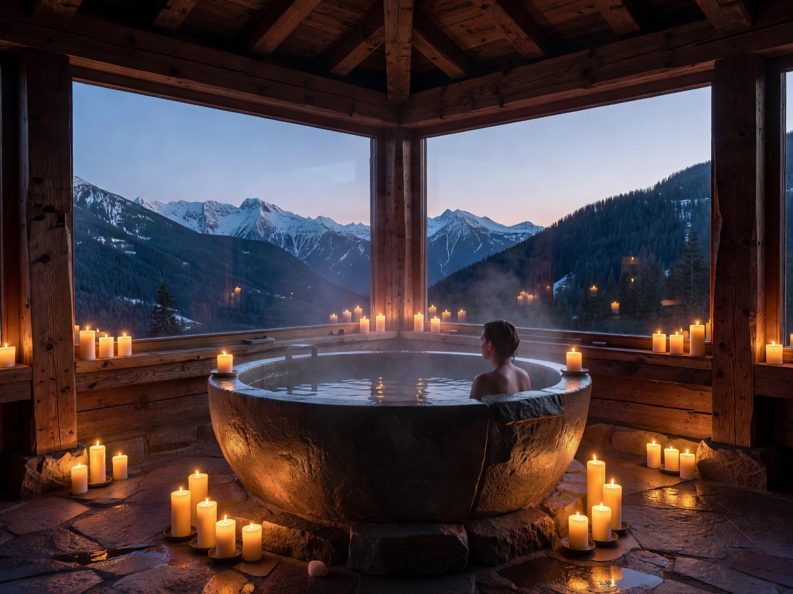 Relaxing thermal stone bath with warm alpine candlelight and panoramic timber frames