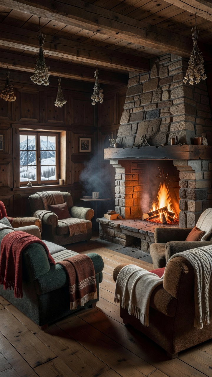 Traditional Austrian Alpine lodge interior with crackling fireplace and cozy wool seating